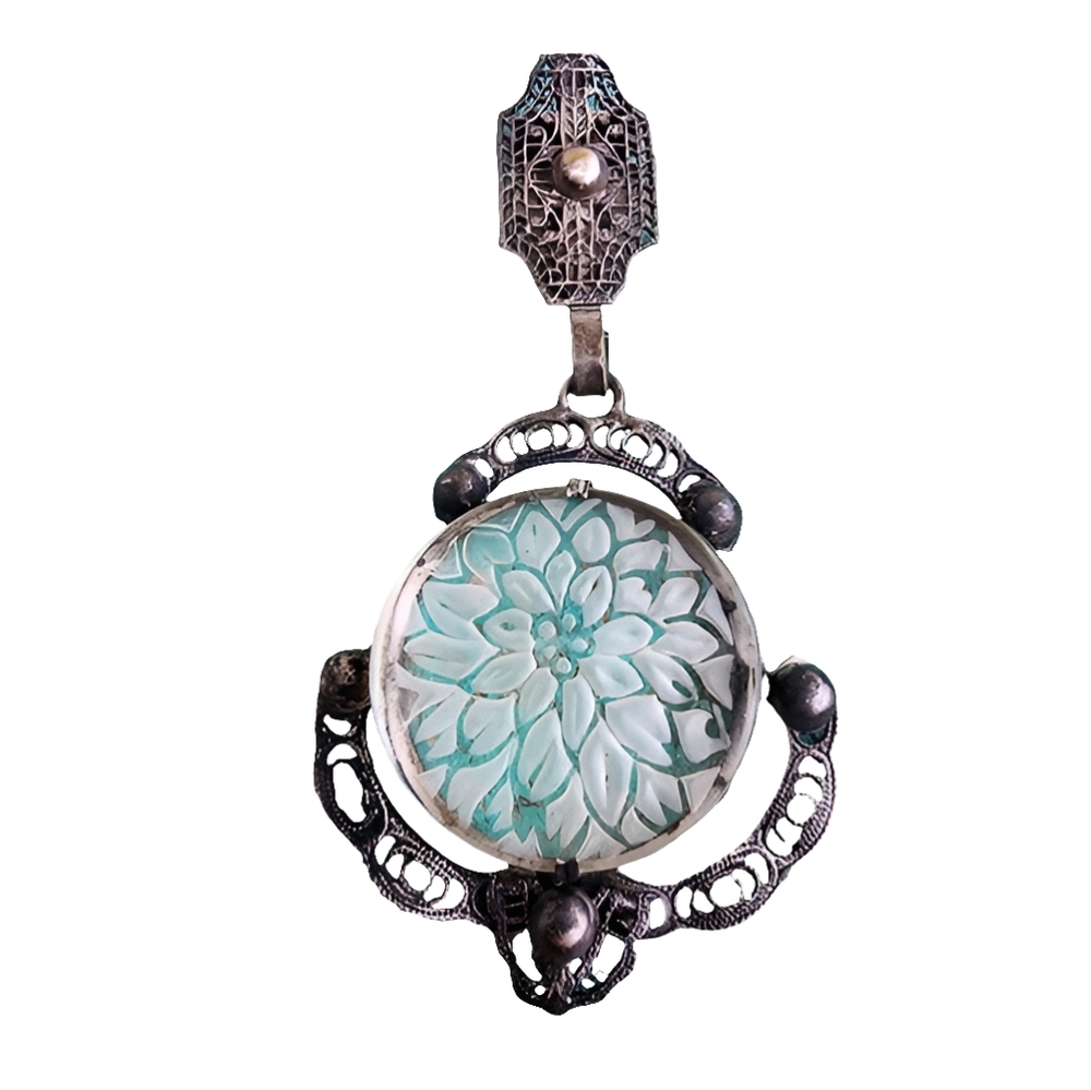 Lalique type antique reverse carved flower  floral scarf clip filigree a… - Picture 11 of 12